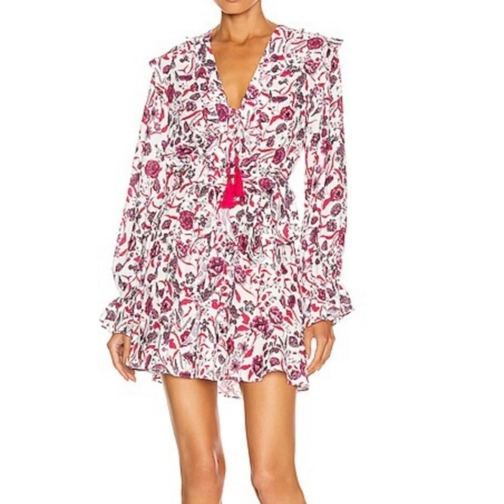 Alexis Kosma Long Sleeve V-Neck Elastic Waist Mini Dress Berry Floral Small